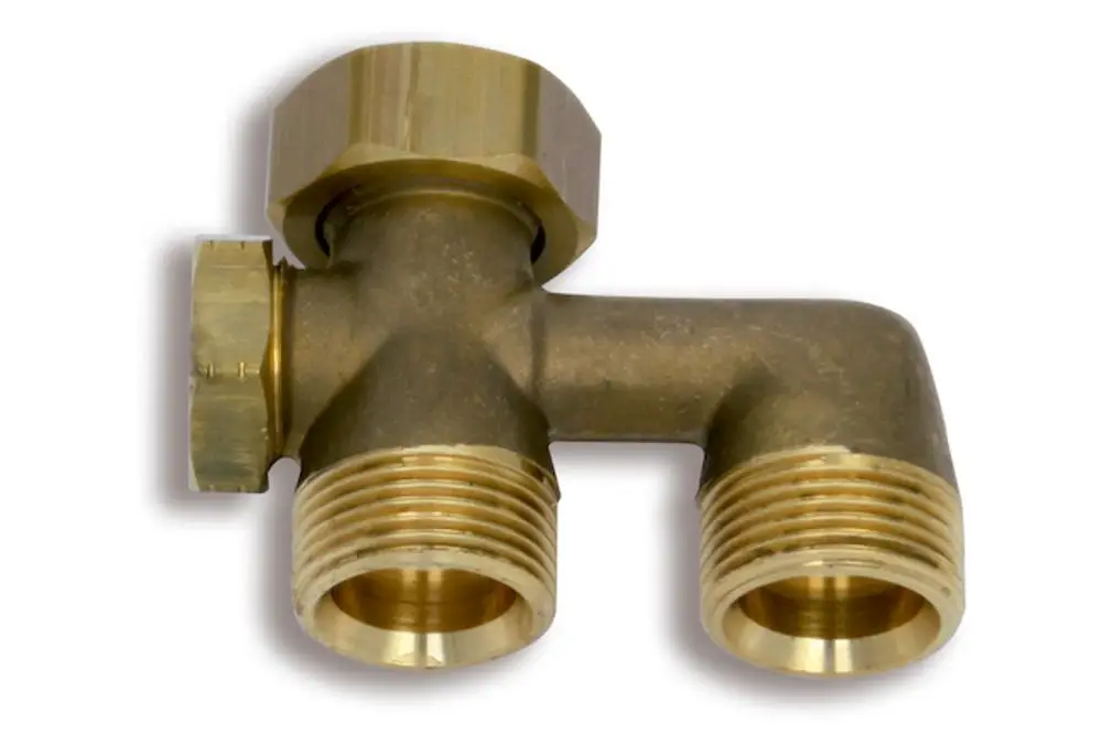 Brass fitting with two outlets and a hexagonal nut on top, commonly used for plumbing applications. Marked with the brand name "Roth."